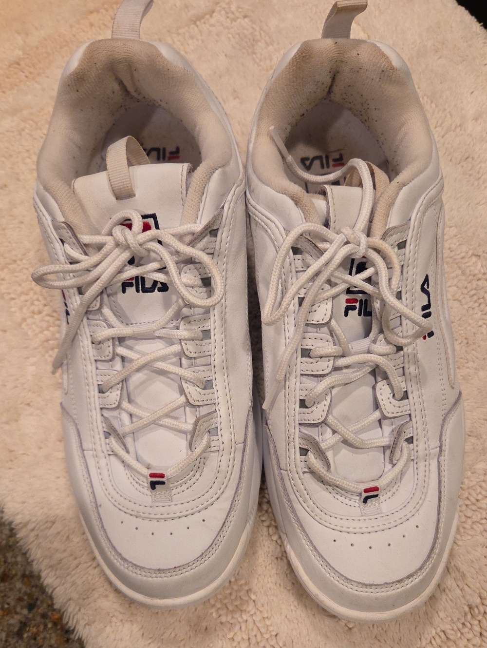 Fila Men's White Leather Chunky-Soled Sneakers with Red & Navy Logos